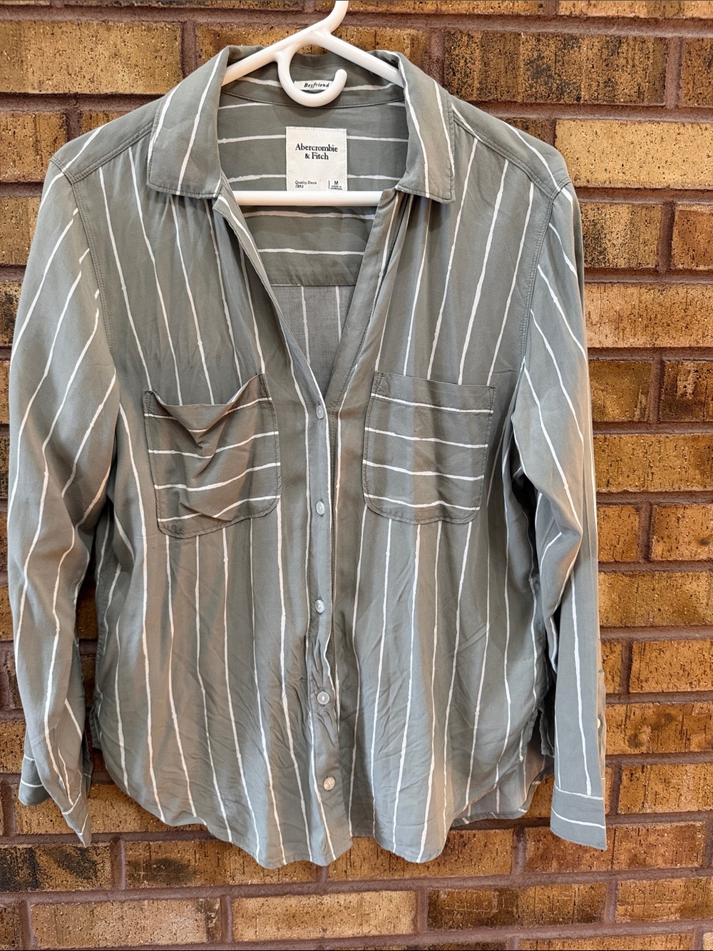 Abercrombie & Fitch Sage Green and White Striped Button-Down Shirt